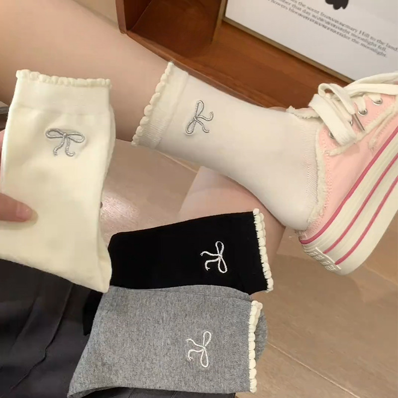 ถุงเท้าข้อสั้นสไตล์ Miu สำหรับผู้หญิงในฤดูใบไม้ผลิและฤดูใบไม้ร่วง ถุงเท้าผ้าฝ้ายแท้ทรงท่อกลาง - รูปที่ 2