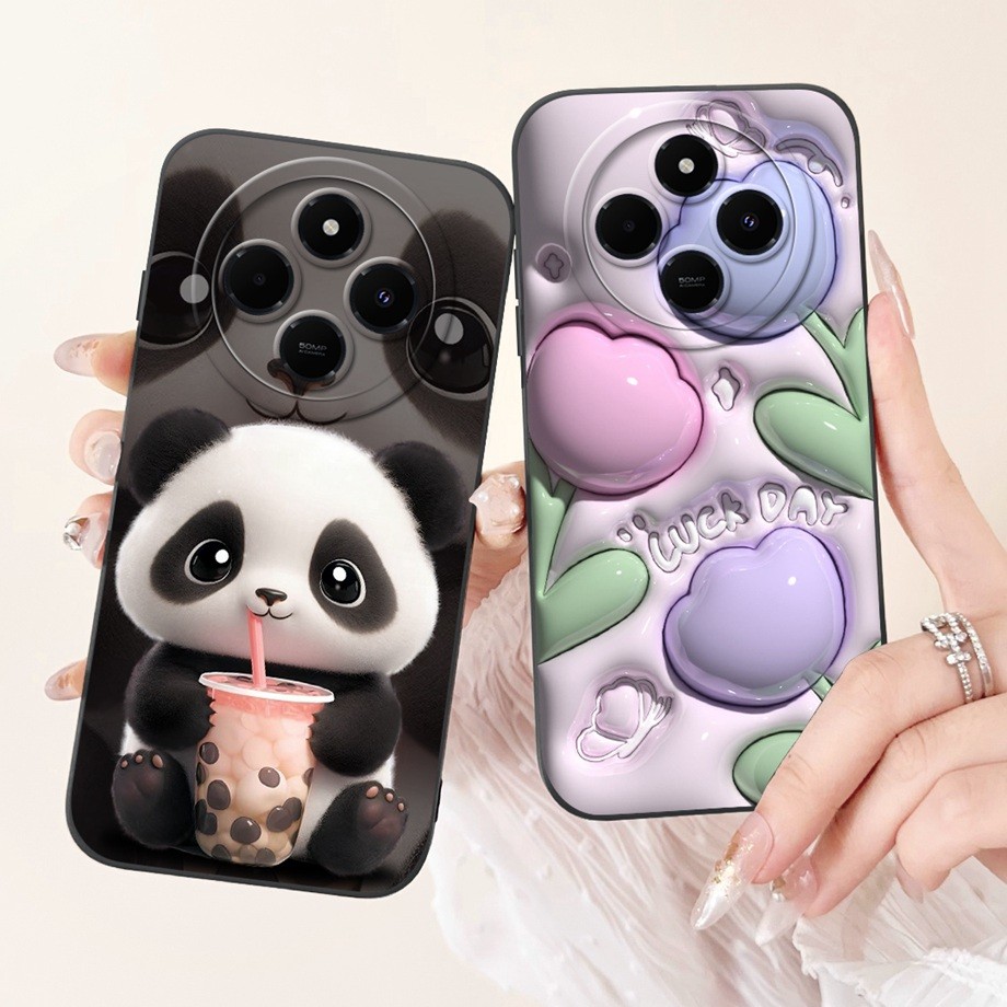 สําหรับ Xiaomi Redmi 14C 4G/Pooc C75 ซิลิโคนนุ่ม Panda ดอกไม้การพิมพ์เลนส์ Proective เคสโทรศัพท์สําหรับ Xiaomi Poco C75 14 ฝาครอบ