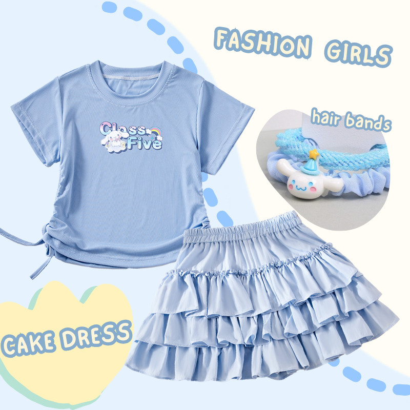 Cinnamoroll สาวฤดูร้อนแฟชั่นชุดการ์ตูนพิมพ์น่ารัก Drawsting เสื้อยืดอเนกประสงค์เค้กกระโปรง Sanrio อุปกรณ์เสริมผมชุดสามชิ้น