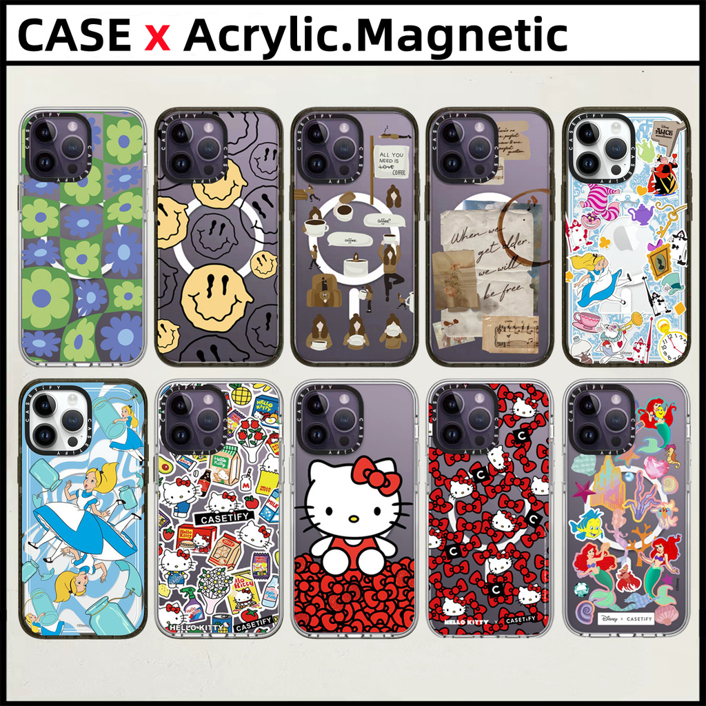 Casetifyalices Adventures in Wonderland เคสแม่เหล็กอะคริลิคสําหรับ iPhone 15 16 Pro Max 14 15 16 Plus case Supreme Coffee Hello Kitty แฟชั่นแกะสลักตัวอักษรด้านข้างฝาครอบป้องกัน