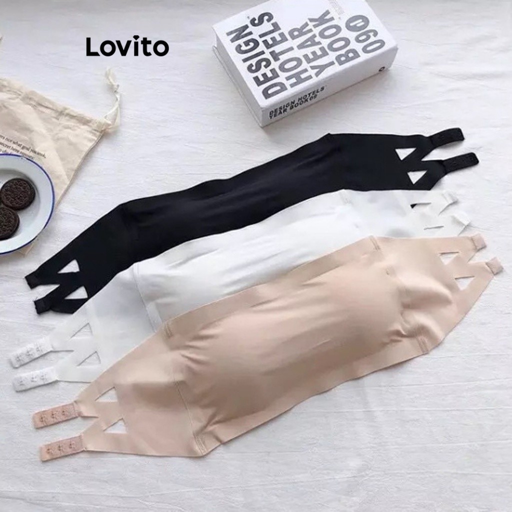 Lovito บราเล็ตต์ผู้หญิง ทรงเบสิก สีพื้น สไตล์ลำลอง LNE38238 (สีแอปริคอท/สีขาว/สีดำ)