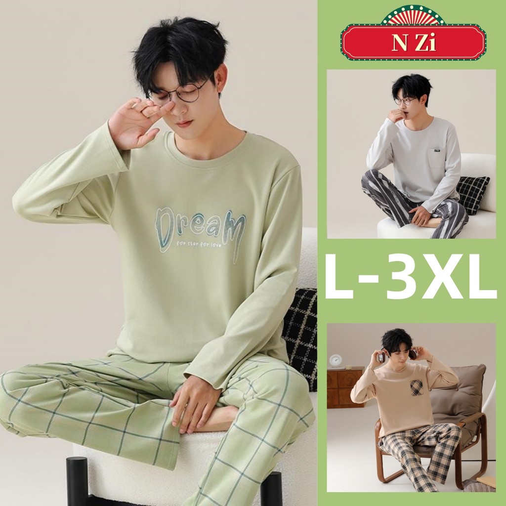 ชุดนอนผู้ชาย ชุดนอนผ้าฝ้าย 100% ผู้ชายฤดูใบไม้ร่วงฤดูหนาวลายสก๊อตลายแขนยาวชุดนอนชุดกระเป๋าคู่ขนาดบวก ชุดลําลอง