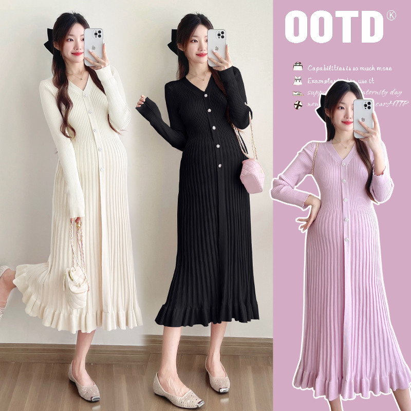 ชุดคลุมท้อง 2024 ฤดูใบไม้ร่วงฤดูหนาวแฟชั่นคอวีจีบถักคลอดบุตร ผอมลง ดูคลอดบุตร