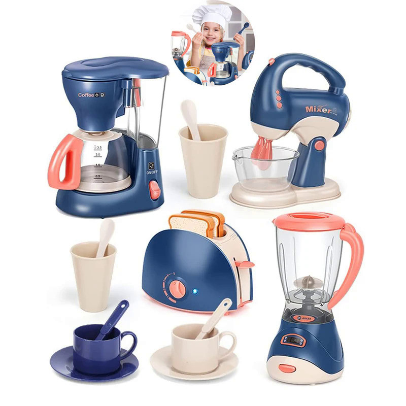 Mini Household Pretend Play Kitchen Appliances Toy Set with Coffee Maker Machine Blender Mixer and T