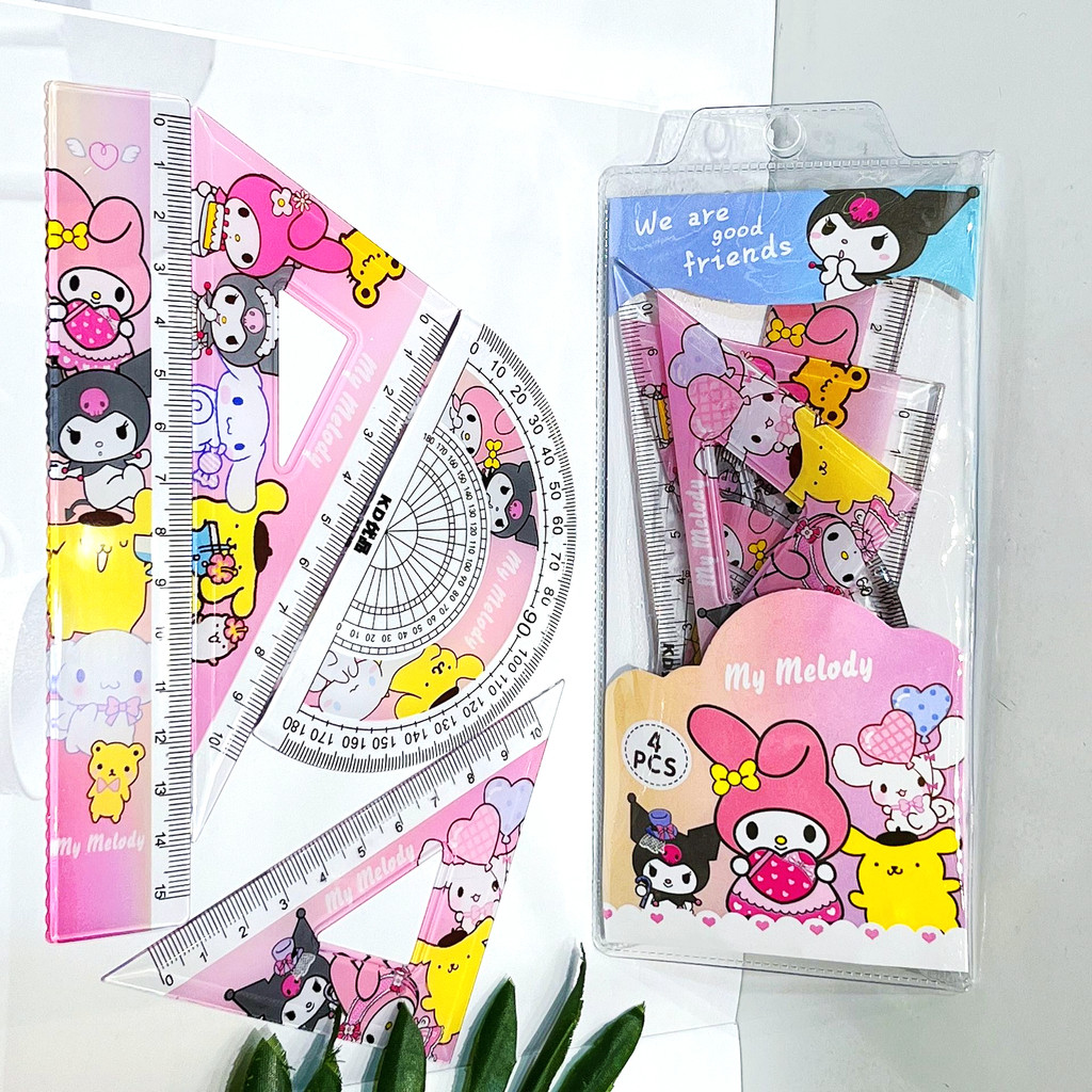 SANRIO การ์ตูน ซานริโอ ไม้บรรทัดนักเรียน4ชิ้นชุด น่ารัก ของฉัน ทํานอง คุโรมิ แผ่นสามเหลี่ยมไม้โปรแทรกเตอร์วัดไม้บรรทัดชุดเครื่องเขียนของขวัญ