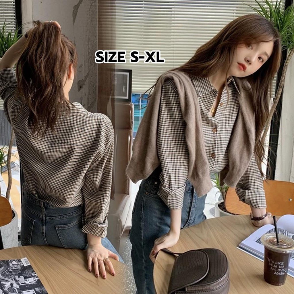 mimi&didi#เสื้อเชิ้ตแขนยาวลายสก็อตวินเทจมีไซส์ เสื้อโปโลแฟชั่นสตรี กระดุมสีน้ำตาลเก๋มากชุดน้องสาวราชวงศ์สไตล์เกาหลี#W505