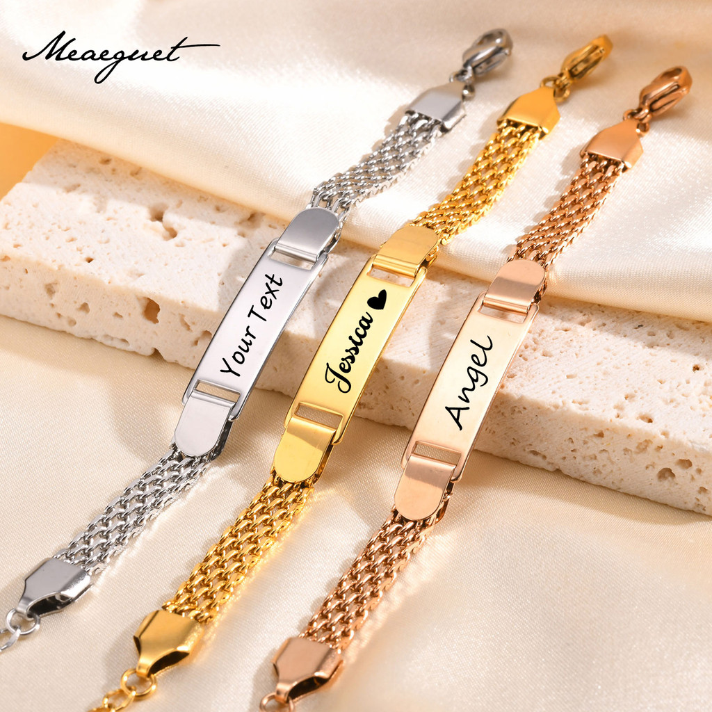 Meaeguet ส่วนบุคคลสร้อยข้อมือเด็ก,18K Gold Plated แกะสลักชื่อวันที่โทรศัพท์หมายเลข ID สร้อยข้อมือของขวัญสําหรับเด็กวัยหัดเดินแม่