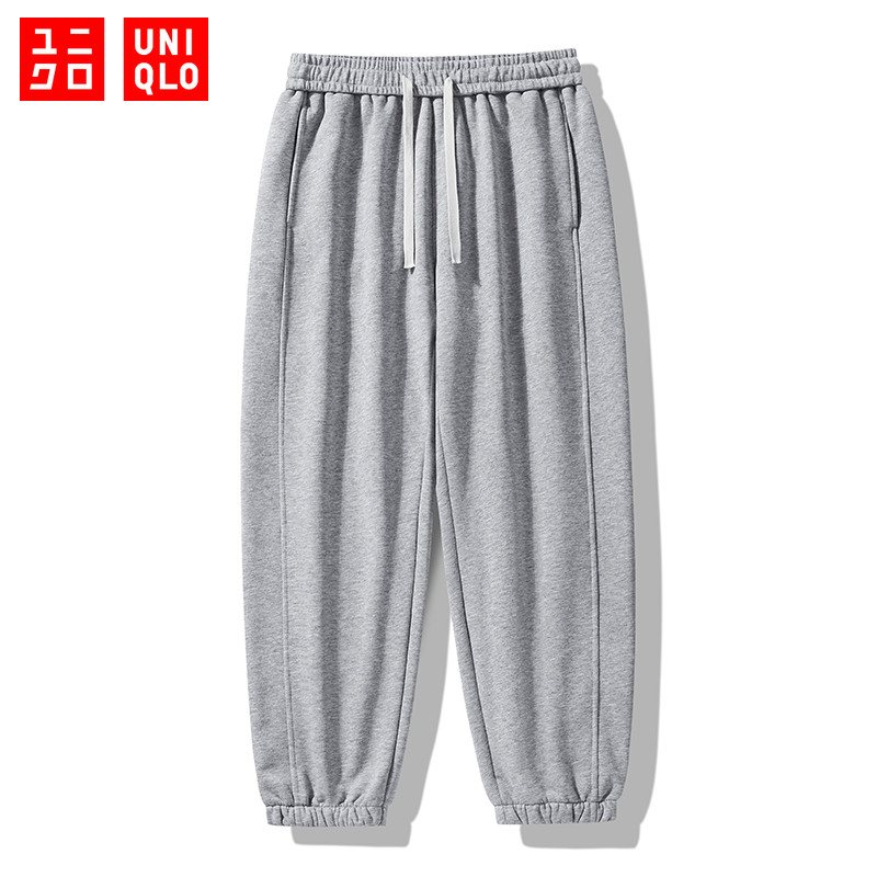 UNIQLO ยูนิโคล่ ฤดูหนาวที่เรียบง่ายหลวมกางเกงผ้าฝ้ายสําหรับผู้ชายและผู้หญิง, เอวยางยืดทั้งหมด-ถักพวงฟุตกีฬาและการพักผ่อนกางเกง