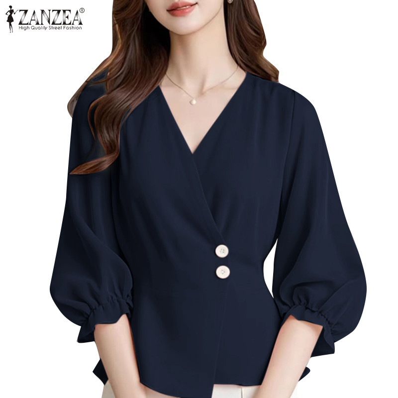 Zanzea เสื้อเบลาส์ทรงหลวมคอวีลําลองเกาหลีสําหรับผู้หญิง