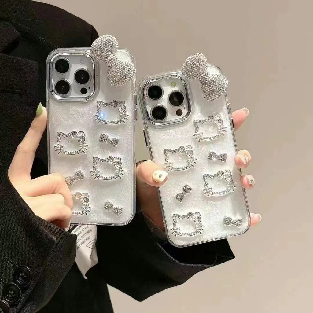 หรูหราน่ารัก Hello Kitty เพชร Bowbnot เคสโทรศัพท์สําหรับ IPhone 16 Pro Max 15 14 13 12 11 16 Plus ปลอกกันกระแทกเลนส์กล้องป้องกันนุ่มด้านข้าง Hard ฝาหลัง IPhone