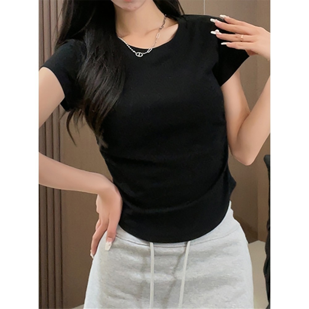 จัดส่งทันที✨เสื้อยืดผู้หญิง ผ้ายืดรูปทรงสวย ด้านข้างออกแบบจีบ ย้อนยุค แขนสั้นคอกลม เสื้อแฟชั่น-T249 - รูปที่ 3