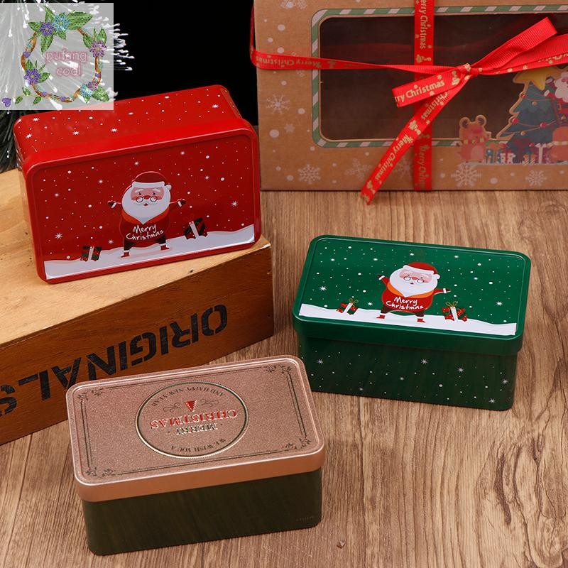 Pucool สี่เหลี่ยมผืนผ้าคริสต์มาส Tinplate กล่องคุกกี้ที่ว่างเปล่ากล่องขนมซานตาคลอสกล่องของขวัญเครื่องประดับจัดเก็บสามารถวันหยุดงานแต่งงานตกแต่ง TH