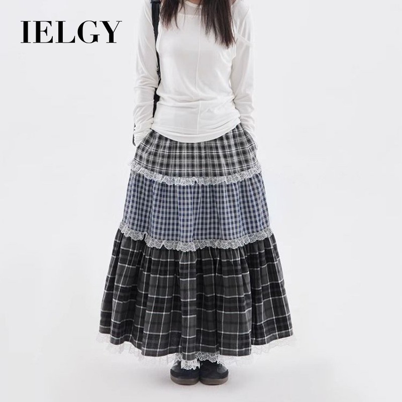 IELGY กระโปรงลายสก๊อตเอวสูงผู้หญิงกลางความยาวกระโปรงย้อนยุค
