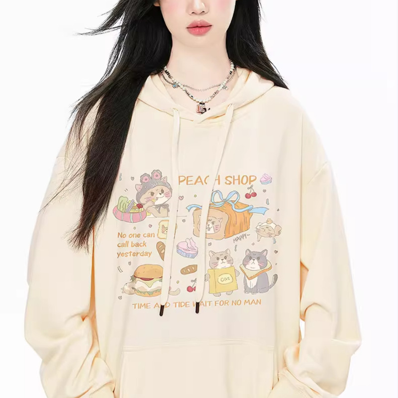 สีครีม อ่อนนุ่ม สไตล์หวาน การ์ตูนน่ารัก เสื้อกันหนาว Hooded ผู้หญิง สดชื่นเล็กน้อย สะดวกสบาย แขนยาว เสื้อฮู้ด