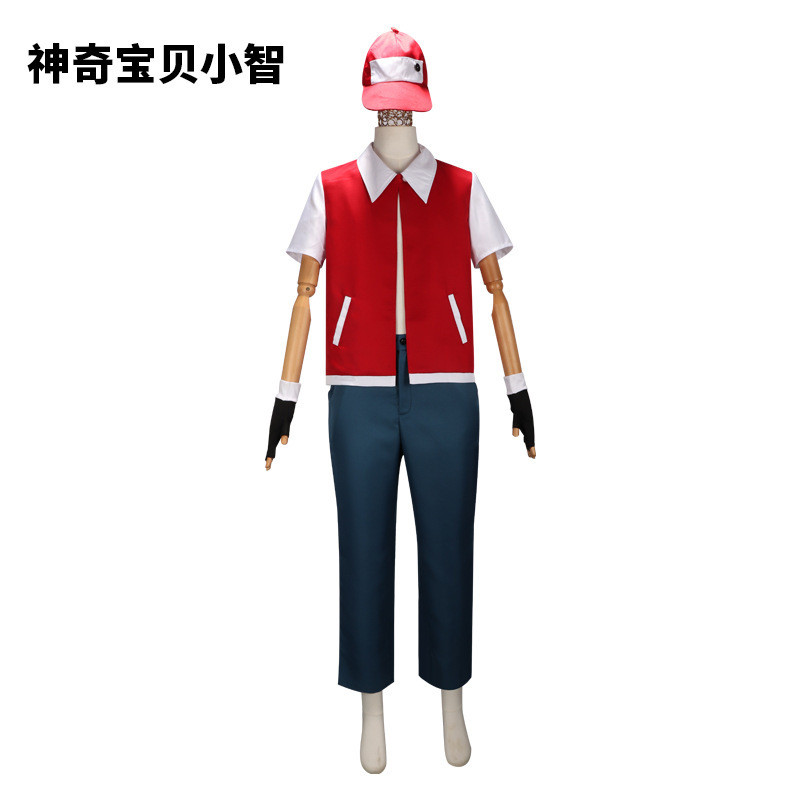 Pokémon Xiaozhi เสื้อผ้าเด็กสัตว์เลี้ยงคอสเพลย์เสื้อคลุมสีแดงชุดประสิทธิภาพเสื้อผ้าอะนิเมะ NS