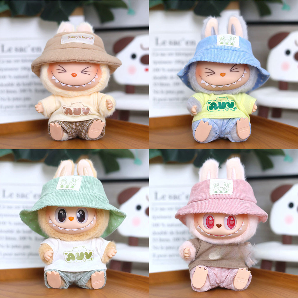 Fyg labubu เสื้อผ้าเด็กรุ่นที่สอง rab ไวนิลเสื้อผ้า 17 ซม.นั่งผ้าฝ้ายตุ๊กตาหมวกเสื้อยืดกางเกงชุดสําหรับ labu ผ้าแฟชั่น
