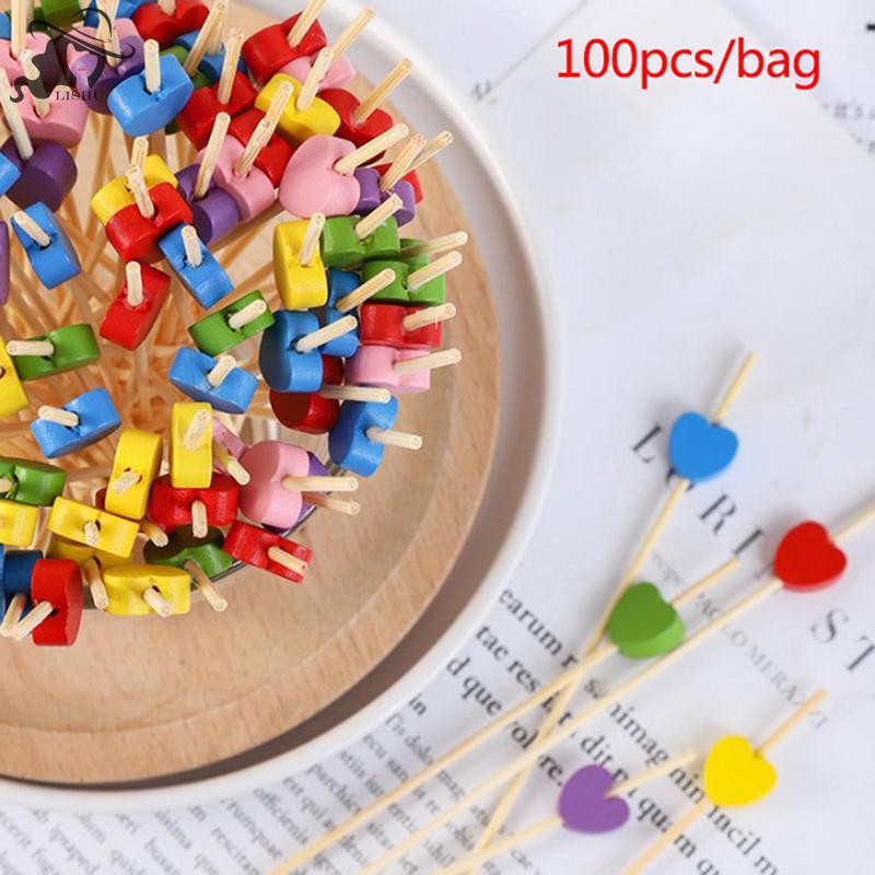 Lishu 100 ชิ้น/ถุงหัวใจไม้ไผ่อาหาร Picks Buffet Cupcake ส้อมผลไม้เค้กขนม Sticks th