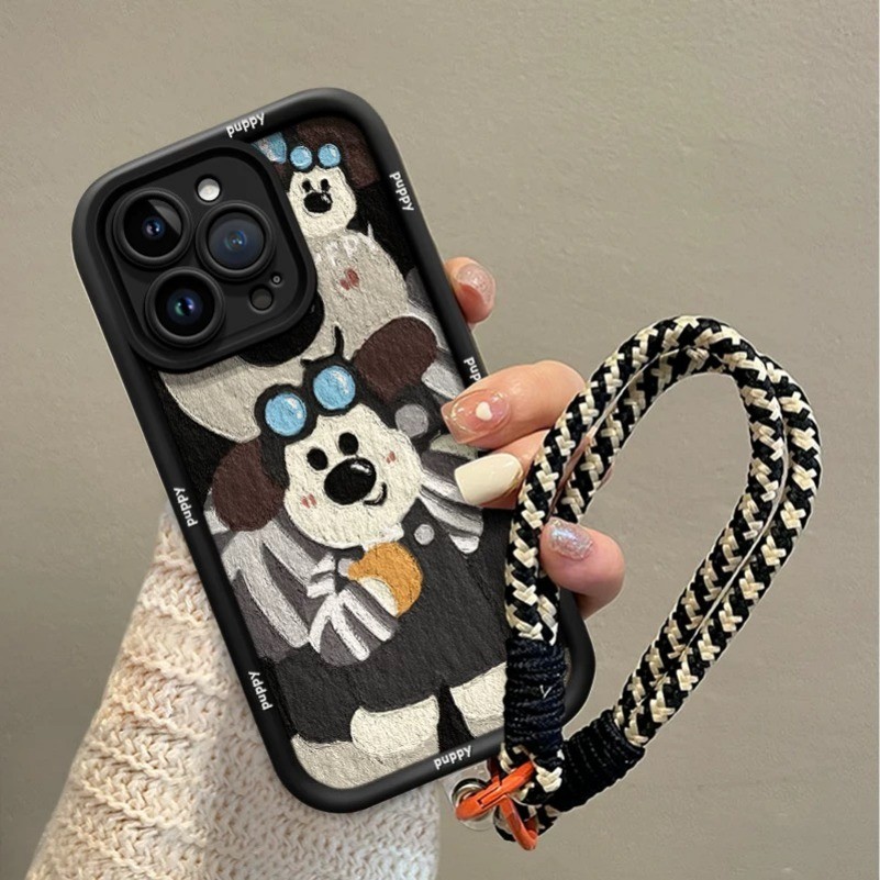 Iphone 16 15 14 13 12 11 Pro Max X Xr Xs Max 7 8 Plus SE2020 เคสโทรศัพท์น่ารัก Happy Puppy + Lanyard ปกอ่อน