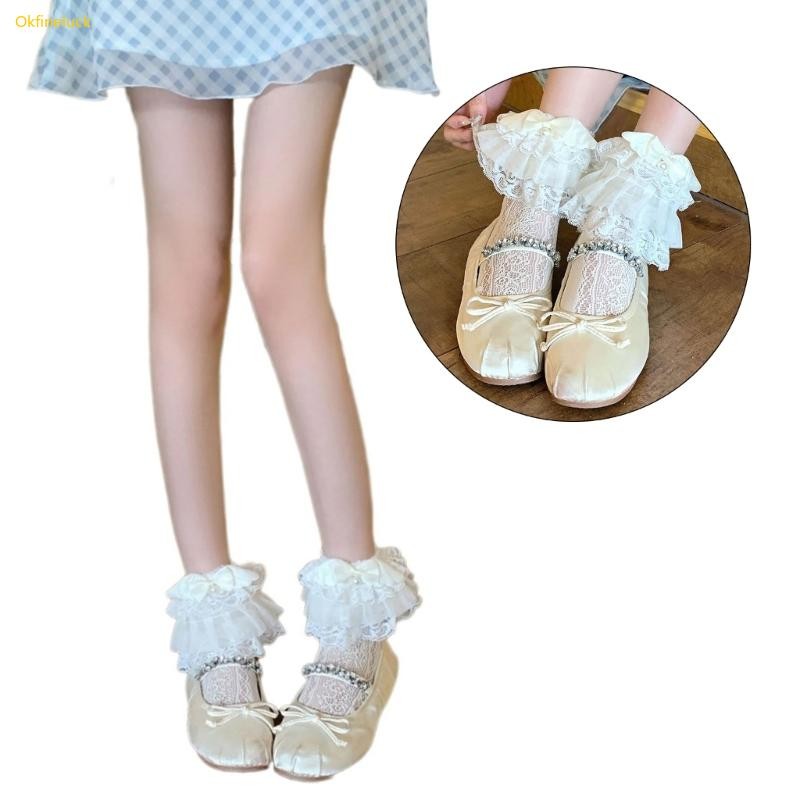 Okfi แฟชั่นลูกไม้ Ruffle ถุงเท้าหวาน Bowknot Wing Frilly ชุดถุงเท้าสําหรับผู้หญิง