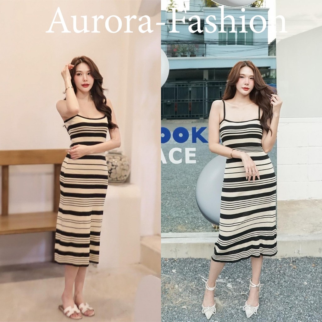 Aurora 🛒พร้อมส่ง🚚 มินิเดรส สายเดี่ยว ไหมพรม ลายทาง รัดรูป เซ็กซี่ ปลายพริ้ว ใส่แล้วสวยหุ่นดีย์ม๊ากกก 6A008