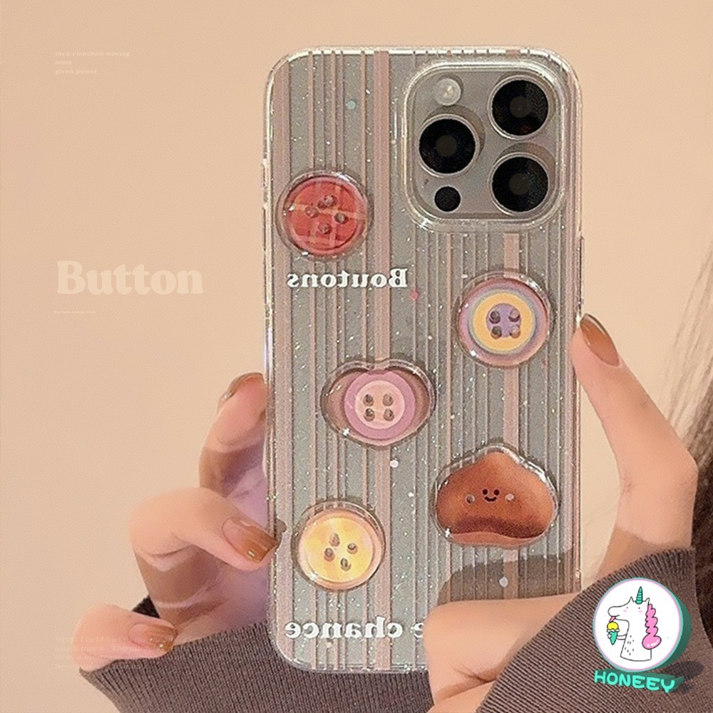 Ins 3D ปุ่มลาย Glitter Clear เคสโทรศัพท์สําหรับ IPhone 15 11 16 14 13 12 Pro Max 16 Plus Bling Anti-Slip กันกระแทก Soft TPU ปกหลัง