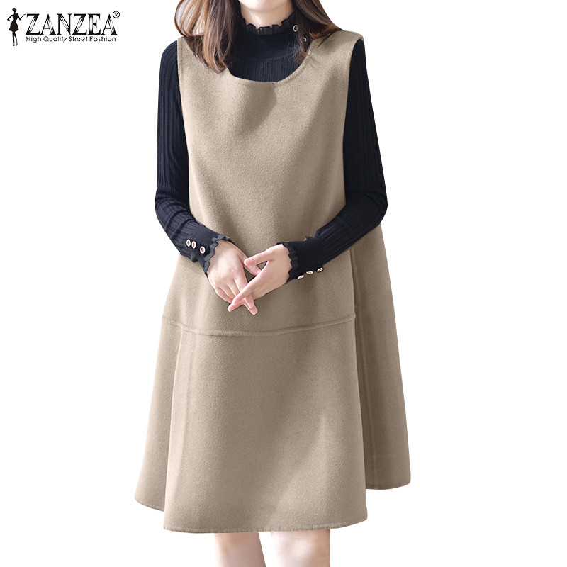 Zanzea ชุดเดรสคอกลมลําลองเกาหลีสําหรับผู้หญิง A-Line แขนกุดไม่มีกระเป๋าทรงหลวม