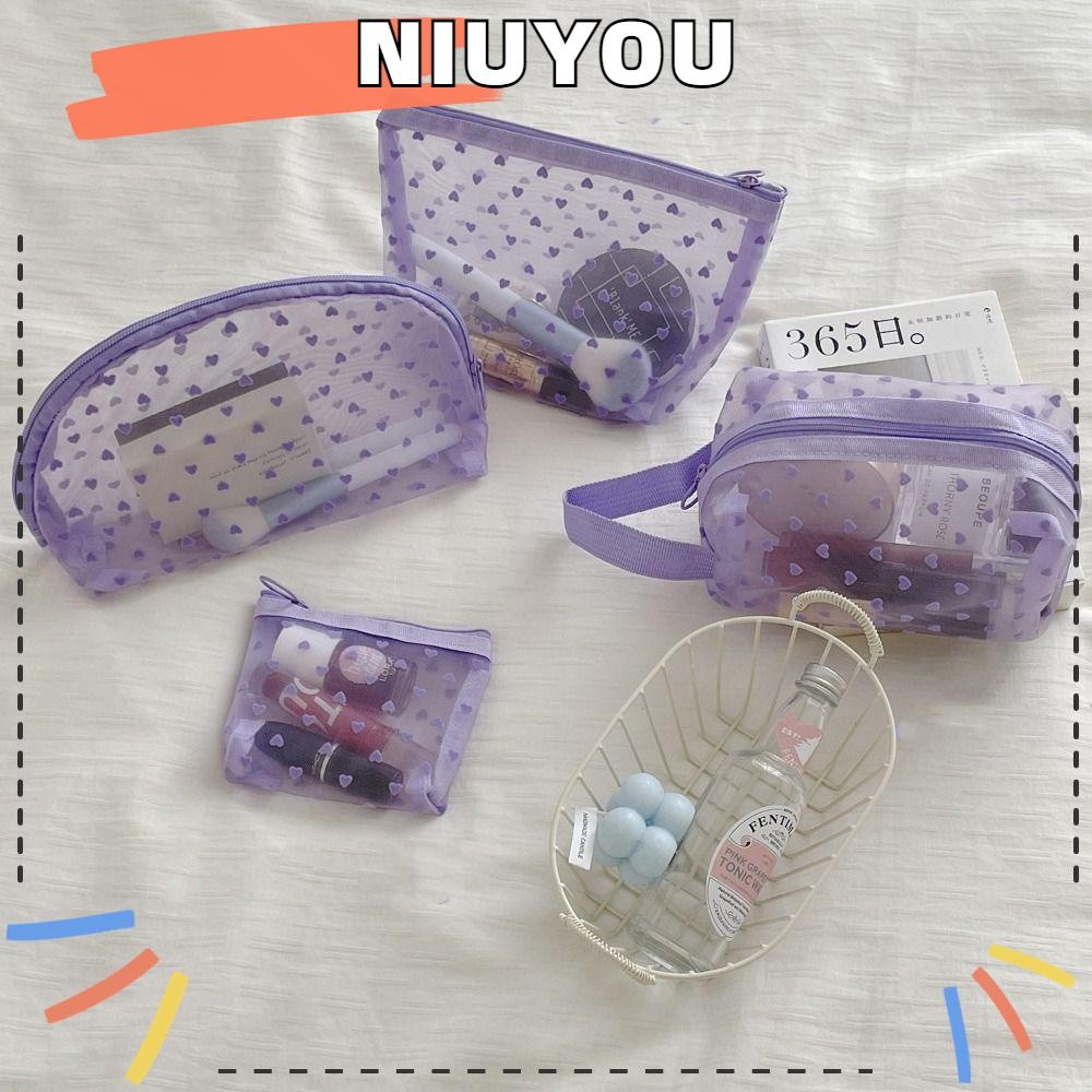 Niuyoou กระเป๋าเก็บตาข่าย, กระเป๋าแต่งหน้าไนลอนใส, ชุดสีม่วงแบบพกพา Heart Print กระเป๋าเครื่องสําอางมัลติฟังก์ชั่น Travel