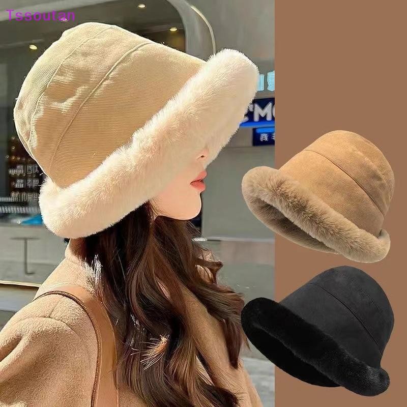 [TSST] นุ่มหนา Plush ฤดูหนาวหมวกแฟชั่นกลางแจ้ง Warm Beanies หมวกชาวประมงแนวโน้มแฟชั่นสุภาพสตรี Windproof ปานามาหมวก TAN
