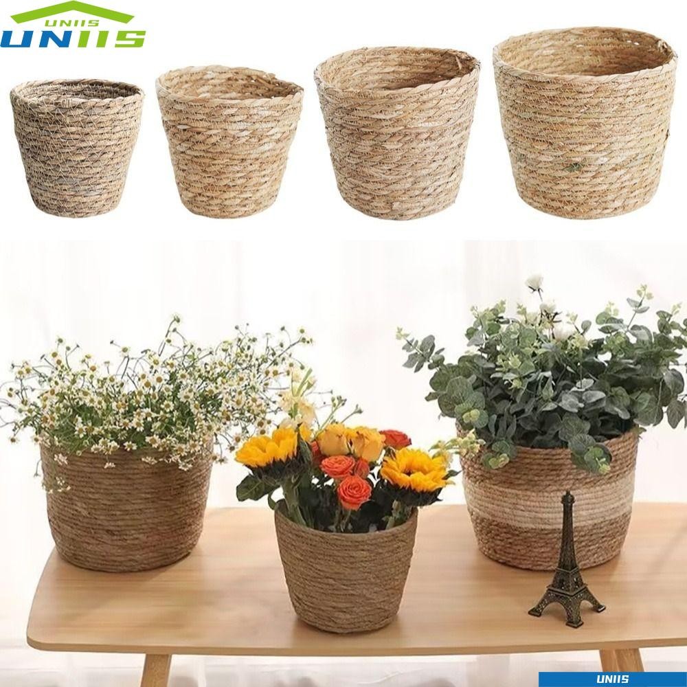 UNIIS 1 ชิ้นดอกไม้หม้อตะกร้า,สําหรับ Garden Terraces Planter ตะกร้าหญ้าทอกระถางดอกไม้,ทนทานหวายฟาง Mini/S/M/L เฟอร์นิเจอร์ตกแต่งทอพืชตะกร้าดอกไม้