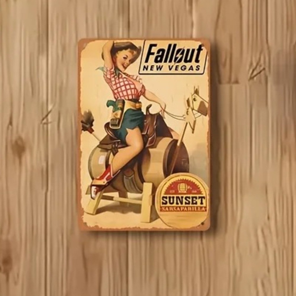 Vintage Fallout New Vegas ป้ายโลหะดีบุก - รองเท้าคาวบอยตะวันตก & Barrel Racing Design - Weatherproof