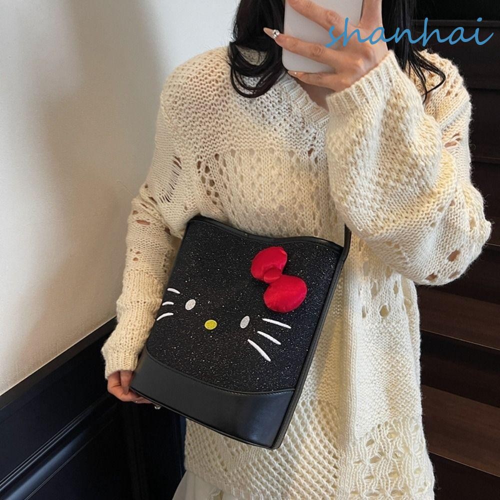 SHANHAI KT กระเป๋าสะพายแมว Bow Cute Kitty Bucket Bag แฟชันขนาดใหญ่สำหรับผู้หญิงและเด็กสาว
