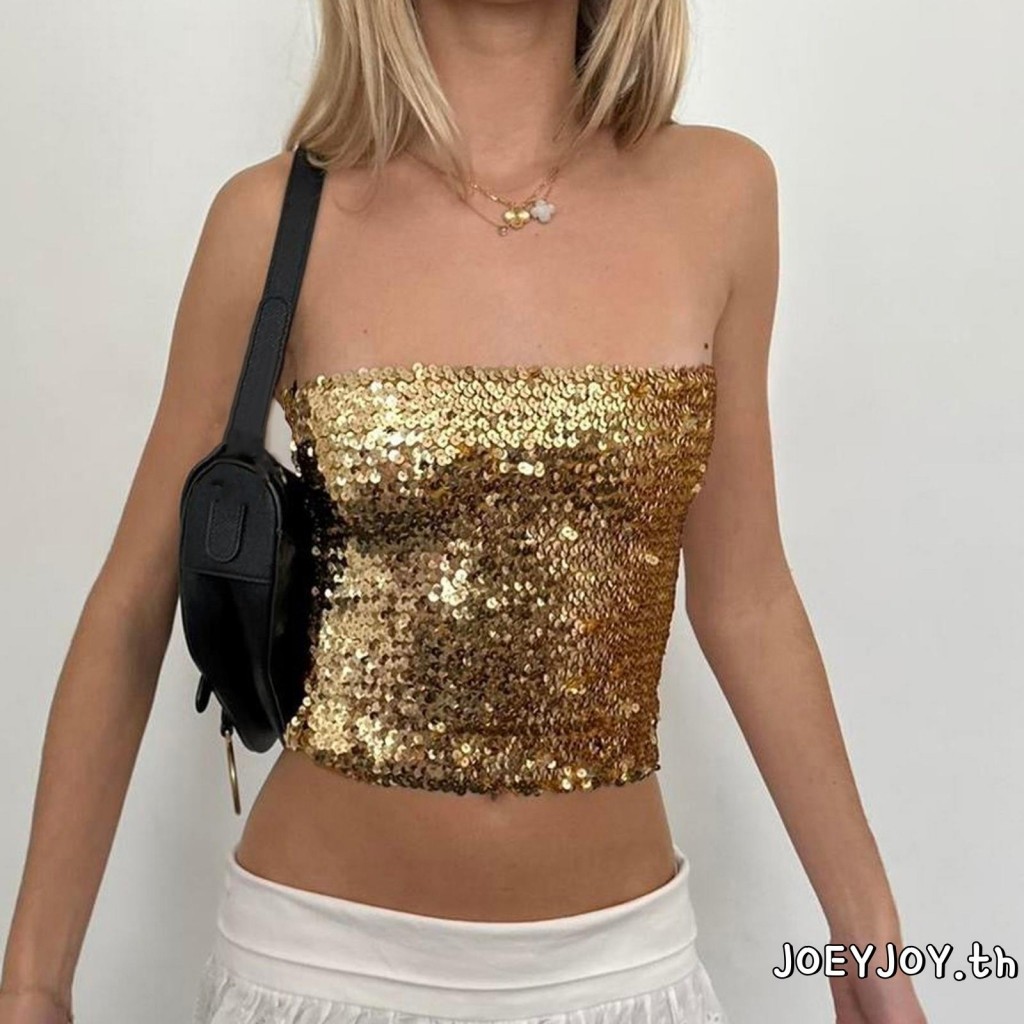 JOEYJOY-เสื้อเกาะอกผู้หญิงประดับเลื่อมระยิบระยับ แขนกุด ทรงเข้ารูป