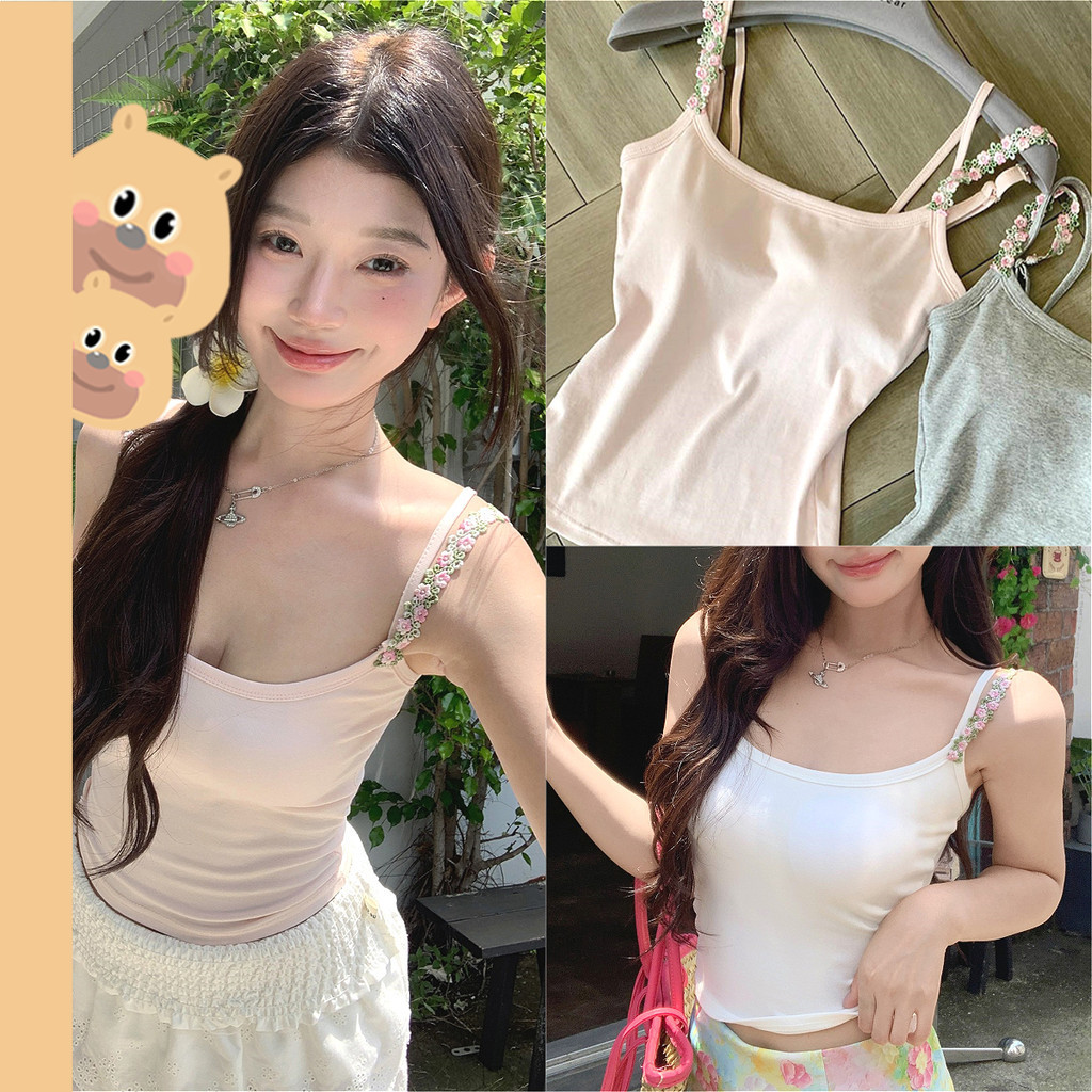 🎀bearbra🎀เสื้อสายเดี่ยวไหมพรม คอลูกไม้ มีฟองน้ำ เสื้อกั๊กผู้หญิงลายดอกไม้สีชมพู สายคล้องไหล่ เสื้อสายเดี่ยว