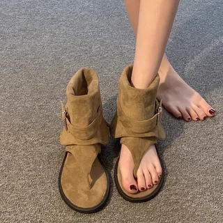 JINxCHOY Flip-Flops หนังนุ่ม Retro สไตล์ใหม่สำหรับฤดูร้อน รองเท้าแตะPU แฟชั่น สวมใส่สบาย เหมาะสำหรับการใช้งานกลางแจ้ง