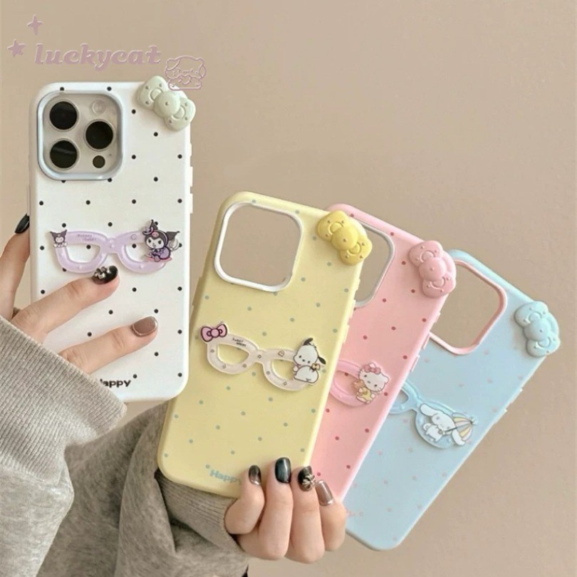 ใช้งานร่วมกับ iPhone 16 15 14 13 12 11 Pro Max X Xr Xs Max 7 8 Plus เคสโทรศัพท์น่ารัก 3D DIY แว่นตาโบว์นุ่มปกหลังหนัง