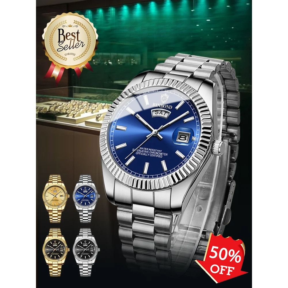 💌กันน้ำ/ทนต่อการสึกหรอ/ป้องกันรอยขีดข่วน💌นาฬิกาข้อมือผู้ชาย คลาสสิก กันน้ำได้ ปฏิทินคู่ นาฬิกาสายเหล็กแบบเข้าชุดสำหรับผู้ชาย/นาฬิกาหรูสำหรับผู้ชาย นาฬิกาแฟชั่นสำหรับนักธุรกิจชาย
