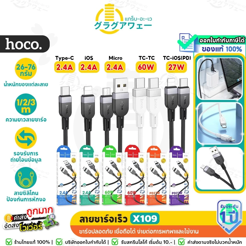 HOCO X109 สายชาร์จเร็ว ความยาวสาย 1m 2m 3m สำหรับ TC-TC 60W /PD 27W / Micro 2.4A / Type-C 3A / iOS 2.4A สายชาร์จ hc1