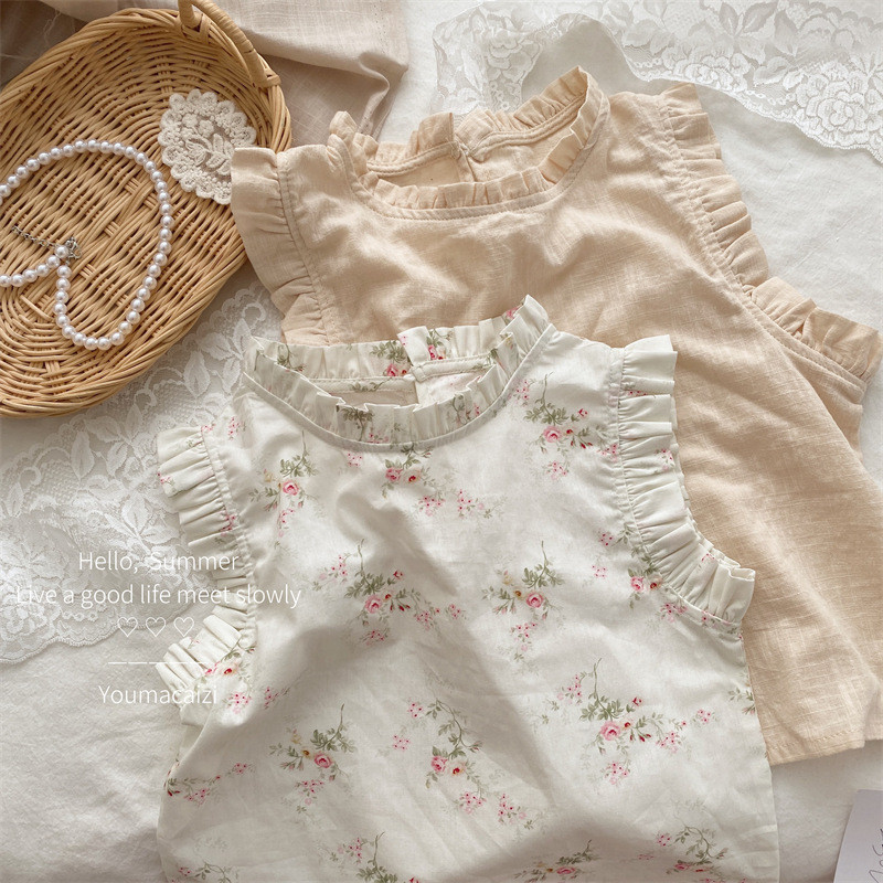 25-15712 เสื้อท็อปเด็ก. สาวเชื้อราลูกไม้ขอบเสื้อแขนกุดด้านบน ซ 80-130