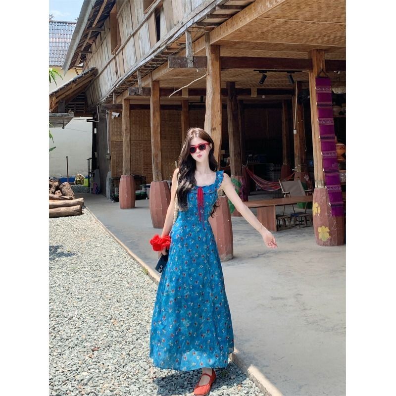ชุดเดรสสายเดี่ยวผู้หญิง ลายดอกไม้สีฟ้า ทรงแคบเอวแบบฝรั่งเศส กระโปรงยาว สำหรับสวมใส่ในหน้าร้อน