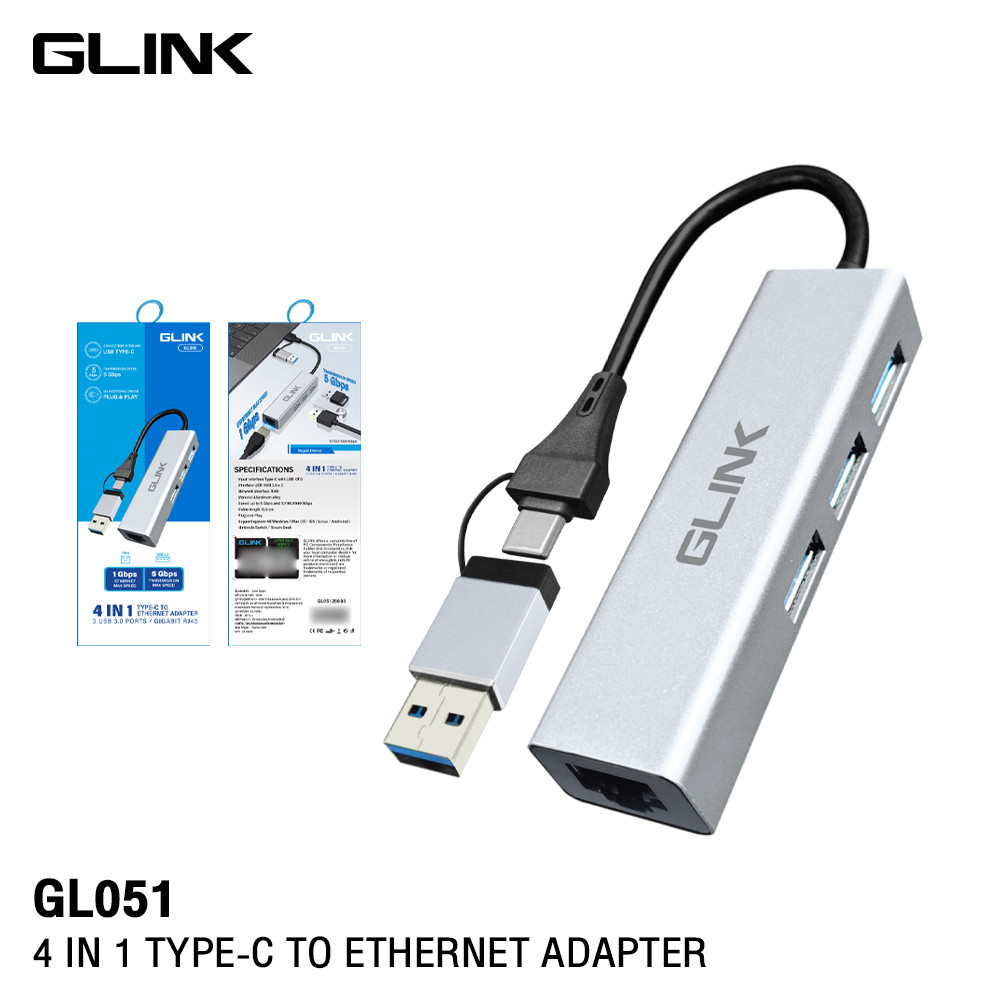 ⚡GLINK GL051 USB-3.0 & TYPE-C (USB 3.0X3/RJ45) 4 IN 1⚡USB HUB อุปกรณ์เพิ่มช่อง ใช้ได้ทั้ง USB & TYPE-C  รับประกัน 1 ปี