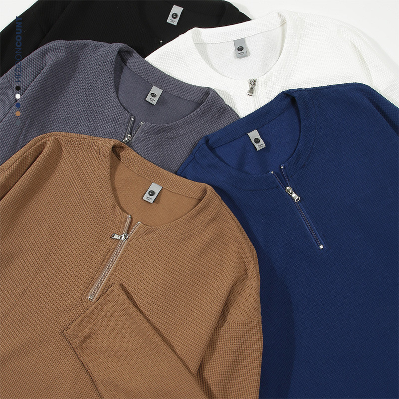 Dengjue Mens Wear Waffle Long-Sleeved Half-Zipper เสื้อยืดหลวม 2025 ฤดูใบไม้ร่วงแยก American Street 