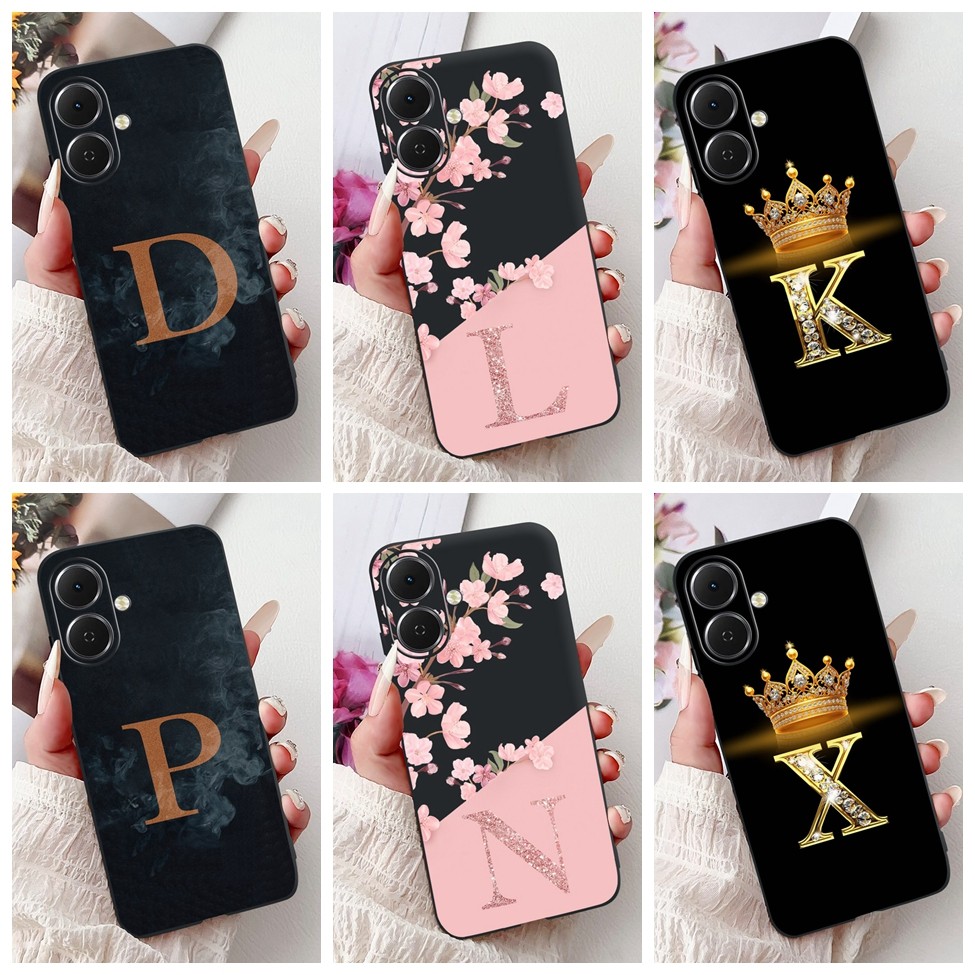 Tecno Spark Go 2 กรณี KM4 ซิลิโคนสีดําความงาม AZ ตัวอักษรแฟชั่นดอกไม้ Crown กันกระแทก Techno Spark G