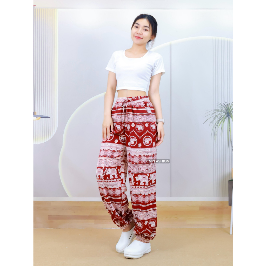 กางเกงขายาว 9ส่วน กางเกงขากระบอก ปลายขาจั้ม พิมพ์ลายช้าง ผ้าไหมอิตาลี่ เนื้อผ้านิ่ม  p9383# - รูปที่ 4