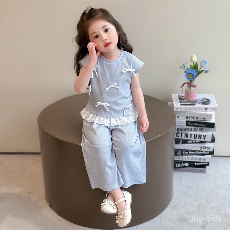 ✨JoyKids✨ เสื้อยืดเด็กหญิงโบว์3D คู่กางเกงขากว้างสไตล์เกาหลี 2025เนื้อผ้าไมโครโมดัล นุ่มลื่น - รูปที่ 5