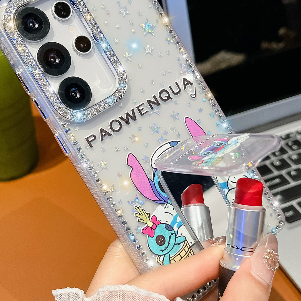 เหมาะสําหรับ Samsung S25Ultra เคสโทรศัพท์การ์ตูนกระจก + กรอบเพชรกระพริบ + ความหนา 2.0 S24Plus เคสป้อ