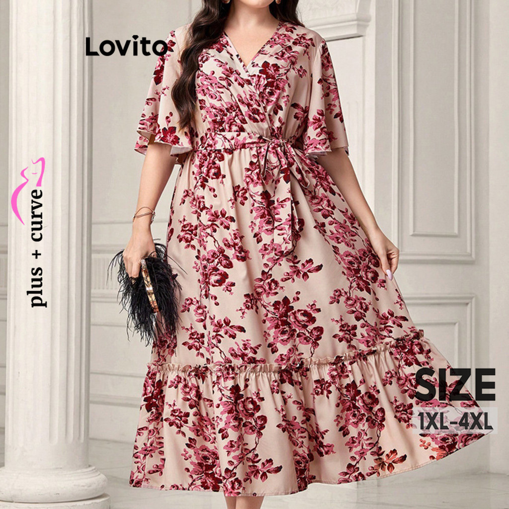 Lovito ชุดเดรสสาวอวบ พิมพ์ลายดอกไม้ สไตล์หรูหรา LNL79093