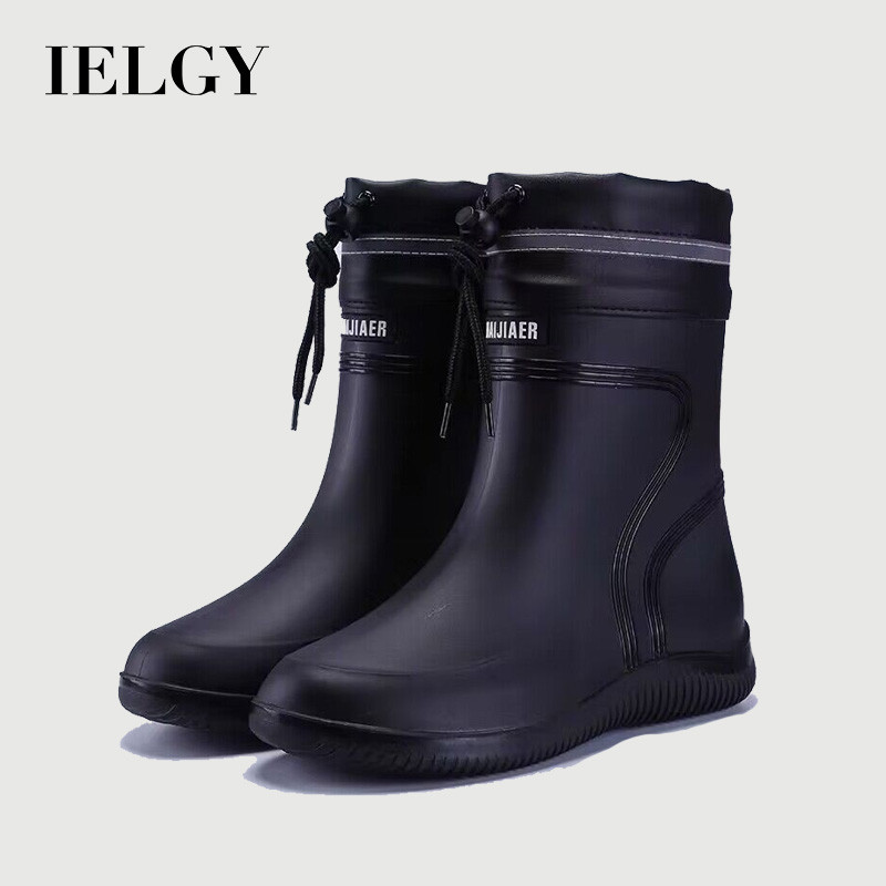IELGY รองเท้ากันน้ําผู้ชายรองเท้ากันฝนแฟชั่นกลางลํากล้องรองเท้ายางทํางานลื่นตกปลาครัวรองเท้ากันฝนแบบมีสาย