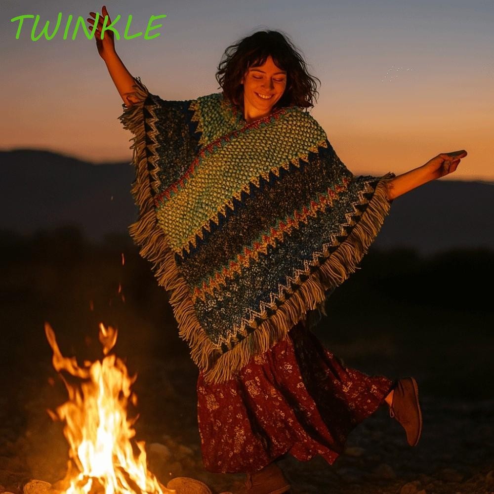 ผ้าคลุมไหล่แบบโบฮีเมีย ลายชาติพันธุ์ พร้อมเป็นแจ็กเก็ต oversized สำหรับฤดูใบไม้ร่วง