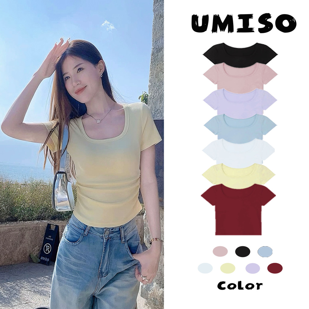 ร้อมส่ง เสื้อยืดแขนสั้นผ้ามน้ำ แข็งผู้หญิงเสื้อยืดสีทึบสไตล์เกาหลีทรงเข้ารูปและใช้งได้หลากหลายUMISO