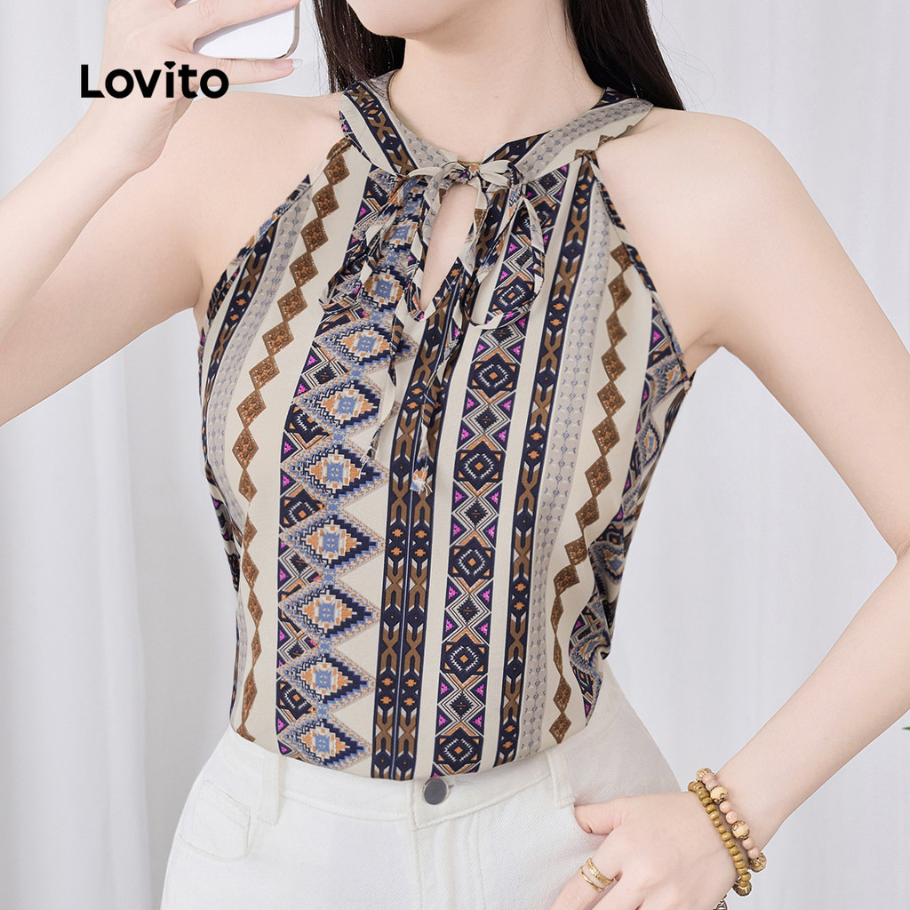 B142-AUG25-AUG25-Ethnic พิมพ์ Halterneck Lace-Up Vest-TKB142P1D949